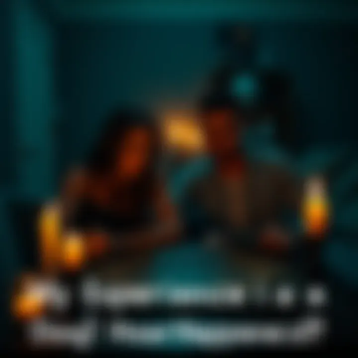 Two friends using a Ouija board in a dimly lit room, with candles flickering around them, looking intrigued and anxious.