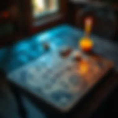 A Ouija board placed on an old wooden table with a lit candle nearby, suggesting a mystical atmosphere.