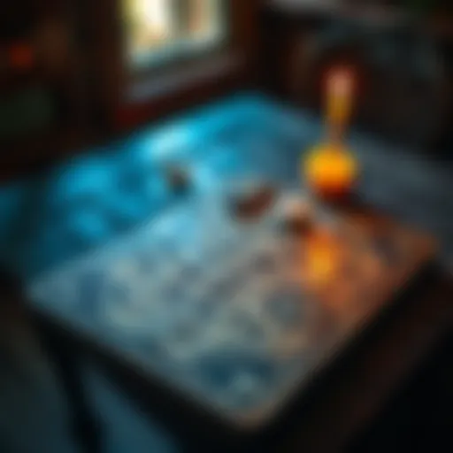 Ouija board on a table A Ouija board placed on an old wooden table with a lit candle nearby, suggesting a mystical atmosphere.