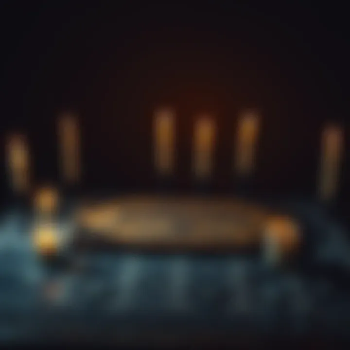 Ouija Board on a Table An eerie Ouija board placed on a dimly lit table surrounded by candles, creating a spooky atmosphere.
