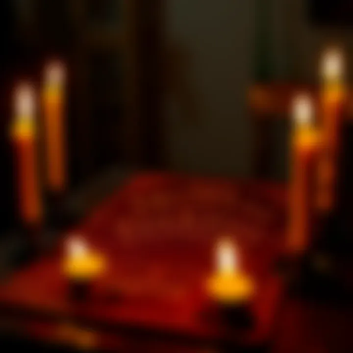 A glowing ouija board surrounded by lit candles, creating an eerie atmosphere for communication with spirits.