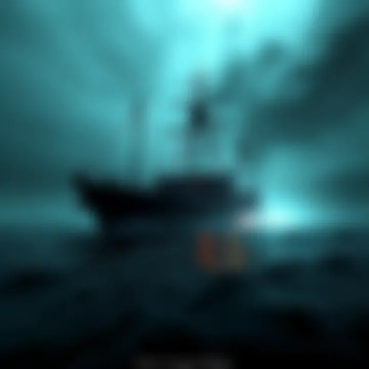 A deserted ship adrift on dark waters with a ghostly aura around it