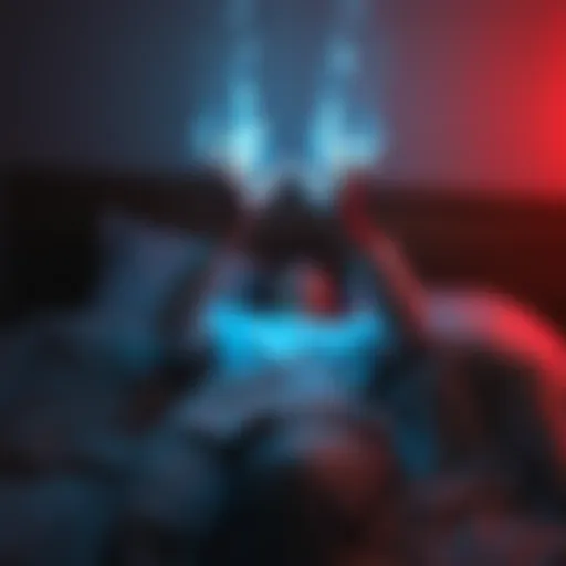 A person lying on a bed with glowing astral hands floating above them, surrounded by a soft light and a sound wave effect representing the loud hum.