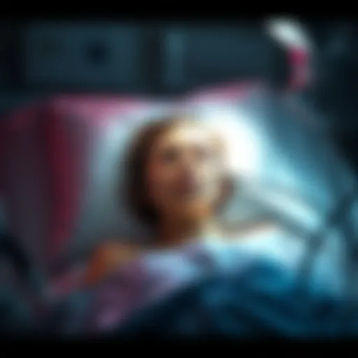 A 25-year-old woman lies in a hospital bed, surrounded by medical staff, with a soft light illuminating her face, suggesting a moment of consciousness beyond her body.