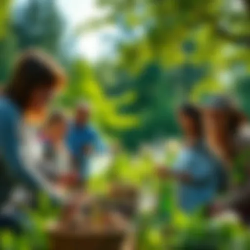 A group of people engaging in various outdoor activities like hiking and gardening, emphasizing community and connection without consumerism.