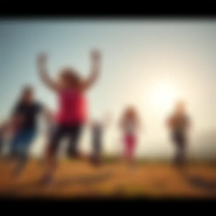 A group of people engaged in outdoor activities like dancing and running, enjoying the sunshine