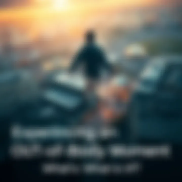 A person floating above their surroundings, looking down at a scene of daily life, symbolizing an out-of-body experience.