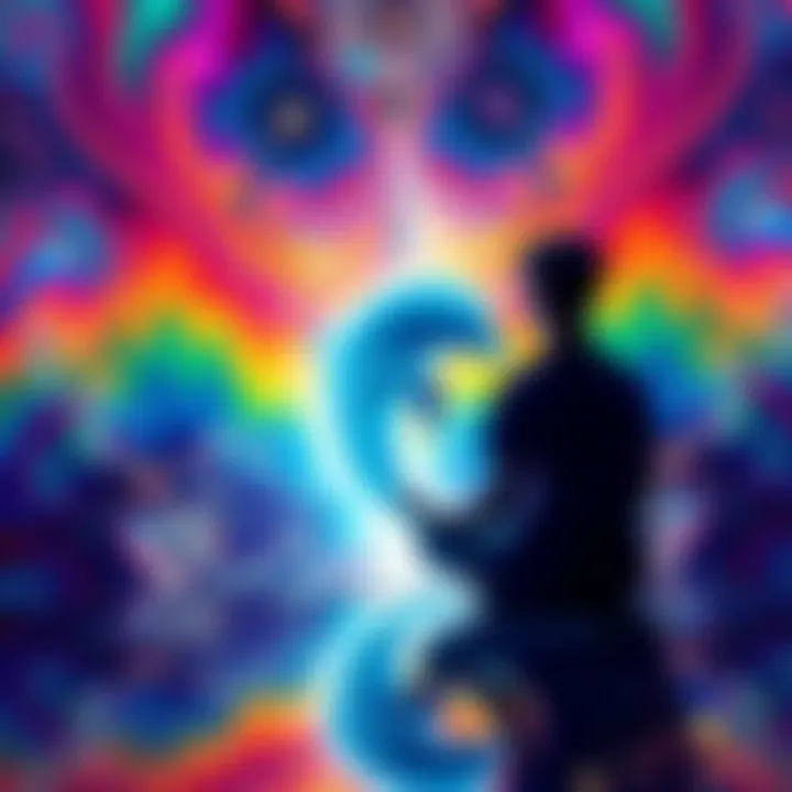 Out-of-Body Experience Visualization A young person sitting in meditation surrounded by vibrant colors and fractals, with a dolphin silhouette in the distance, representing a journey of self-discovery.