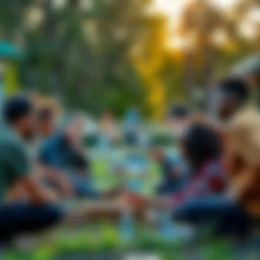 A group of diverse people collaborating on creative projects outdoors, sharing ideas and connecting through technology and nature.