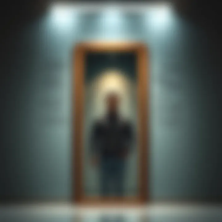 A person standing confidently in front of a mirror, reflecting self-acceptance despite harsh words. They appear calm and strong, surrounded by positive affirmations on the wall.