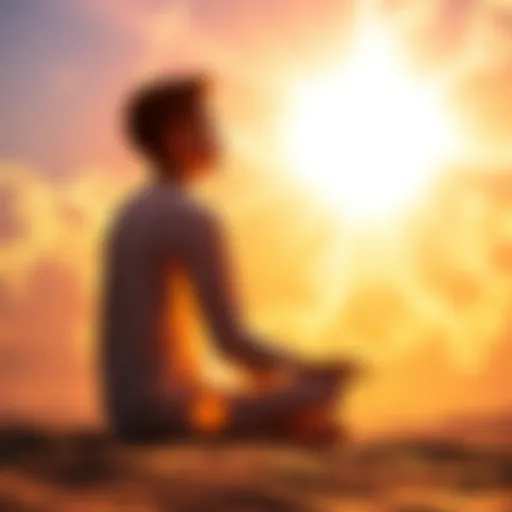 A person sitting peacefully in a meditative pose, surrounded by light that symbolizes positivity and growth, reflecting on negative beliefs and seeking clarity.