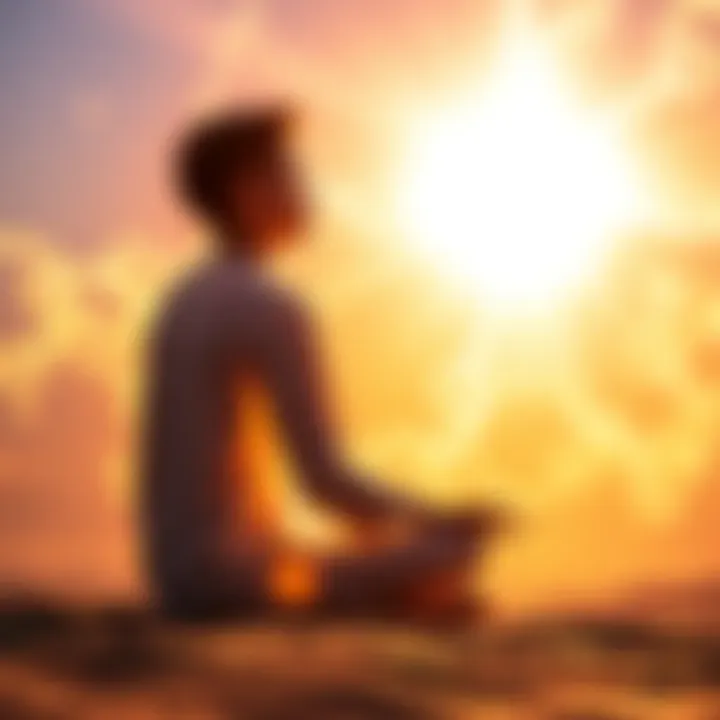 A person sitting peacefully in a meditative pose, surrounded by light that symbolizes positivity and growth, reflecting on negative beliefs and seeking clarity.