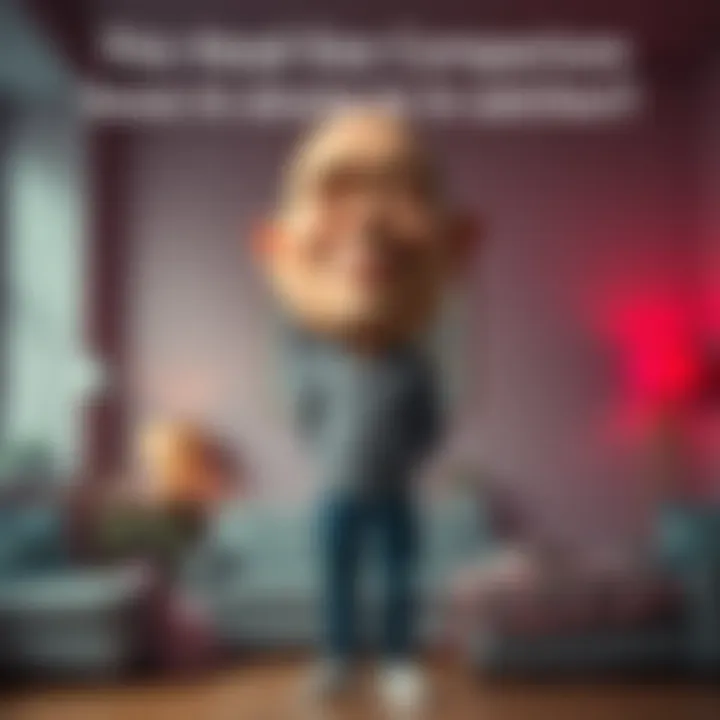 A person standing with an exaggeratedly large head, surrounded by humorous comparisons to a studio apartment, evoking laughter.