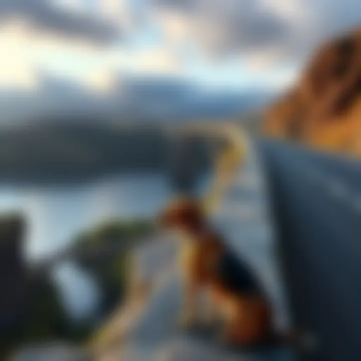 A scenic view of Overtoun Bridge in Scotland, featuring a dog standing near the edge, looking over the side.