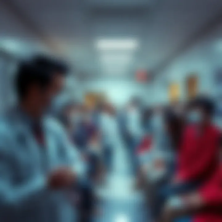 Overwhelmed doctors' office in Pennsylvania A busy doctor's office filled with patients showing flu-like symptoms, while medical staff attend to them