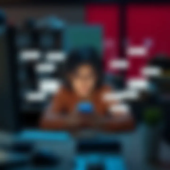 Person looking at phone with many text notifications A person sitting at a desk, looking overwhelmed by multiple text notifications on their phone. The person appears stressed and frustrated, showing the toll of constant messaging from friends.