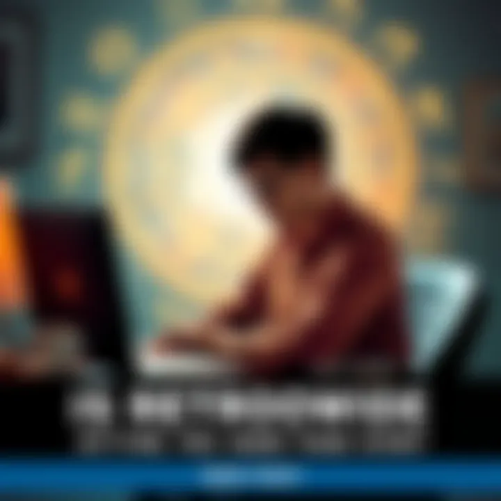 A person sitting at a desk looking stressed with astrological symbols in the background.