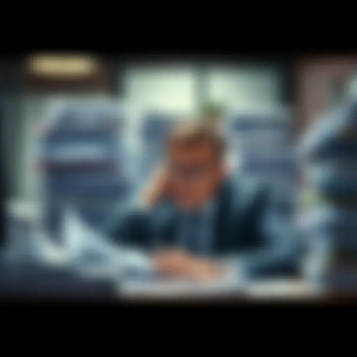 A stressed employee surrounded by stacks of paperwork, looking overwhelmed and tired at their desk in an office setting.