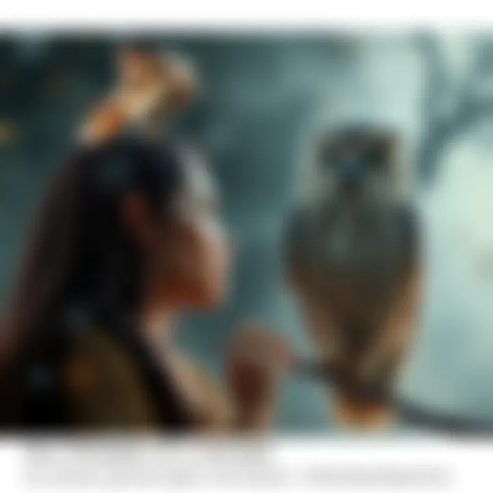 A woman gazes at a large, wise-looking owl perched on a branch, with a misty background hinting at a dreamlike state. The owl symbolizes a deep connection to her past and emotions.