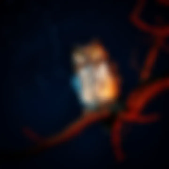 Owl perched silently on a branch at night A large owl sitting on a tree branch under a starry sky, creating a sense of mystery and quietness