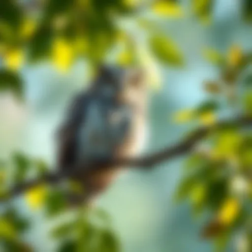 A wise-looking owl sitting on a branch surrounded by leaves, symbolizing knowledge and intuition.