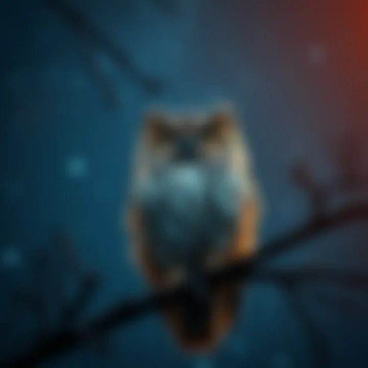 An owl under a starry sky A wise-looking owl perched on a tree branch at night with a starry background, symbolizing its connection to UFO sightings.