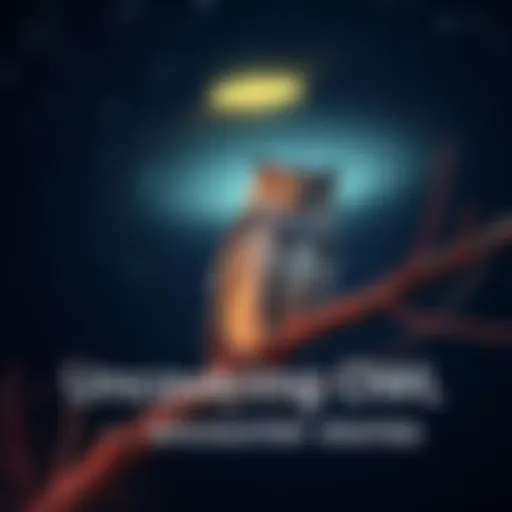 An owl perched on a tree branch with a UFO glowing in the background under a starry night sky