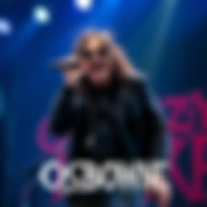 Legendary musician Ozzy Osbourne performing on stage with his signature black clothes and sunglasses