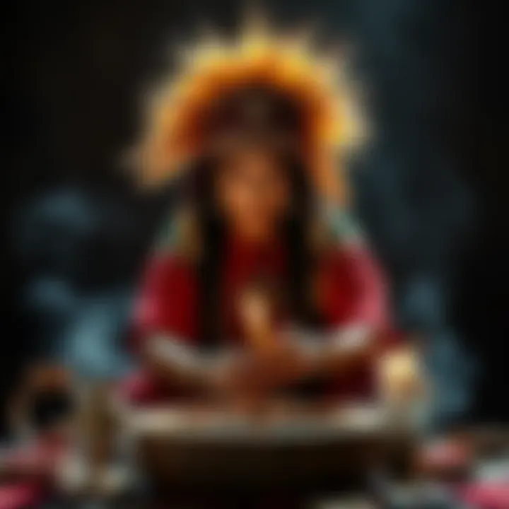 Pachita performing a healing ritual with traditional Mexican items around her.