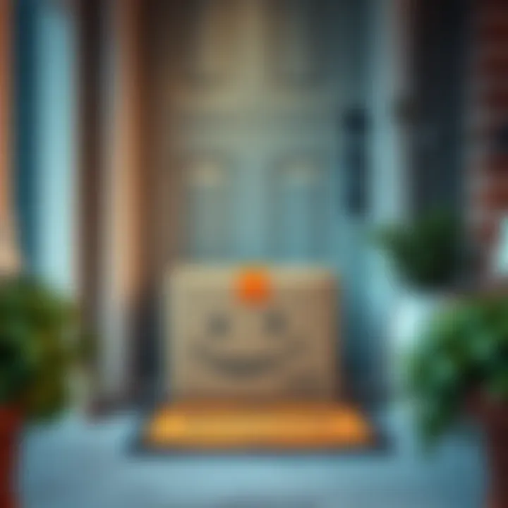 A cardboard package sits on a front porch, surrounded by greenery and a welcome mat.