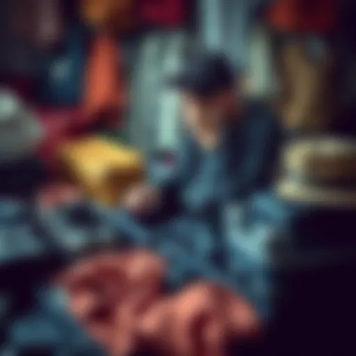 A person looks stressed while packing a suitcase, surrounded by clothes and travel items