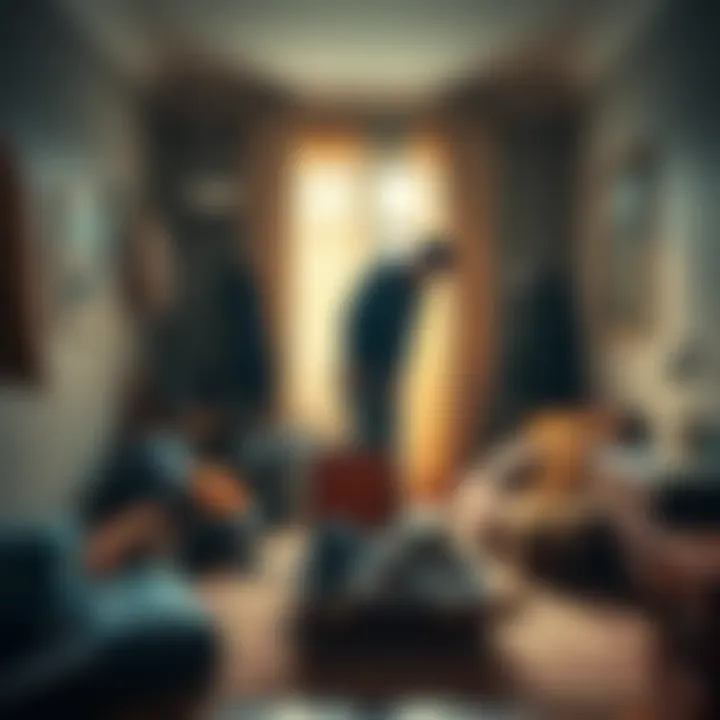 A person packing a suitcase in an unfamiliar apartment, surrounded by clothes and adventure gear, with a sense of nostalgia in the air.