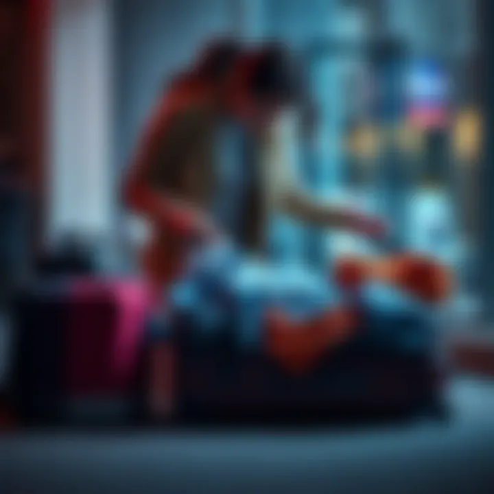 A person packing clothes into a suitcase, preparing to move abroad to escape harassment