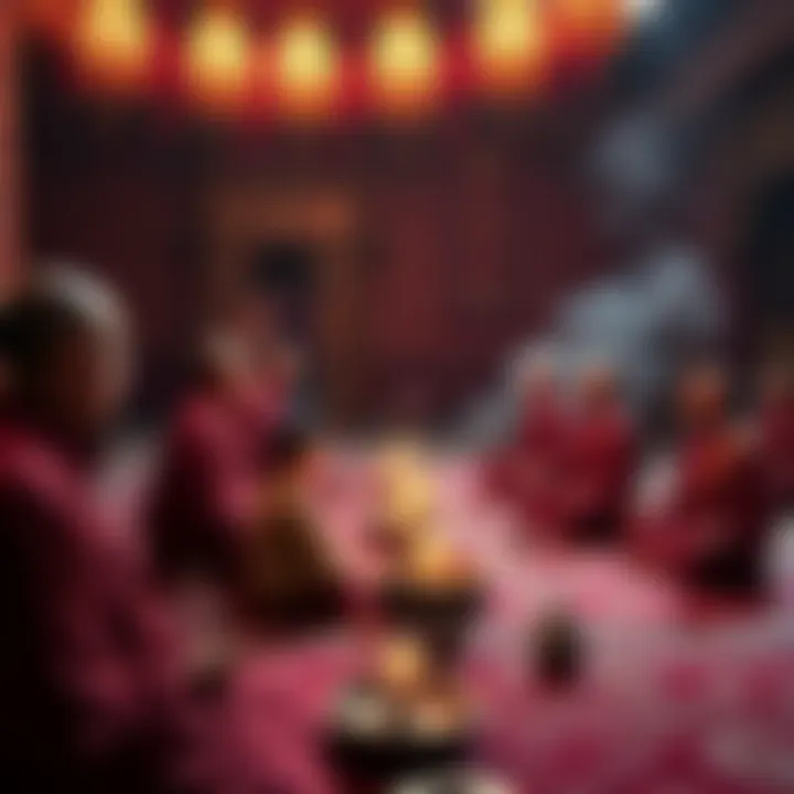 A serene setting with people engaged in Padampa Sangha Yidam practice, showing meditation and ritual tools.