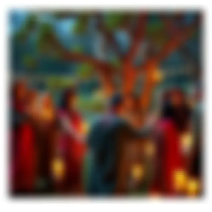 A group of people in traditional Pagan attire holding hands in a circle, symbolizing unity and support during challenging times, with trees and candles around them.