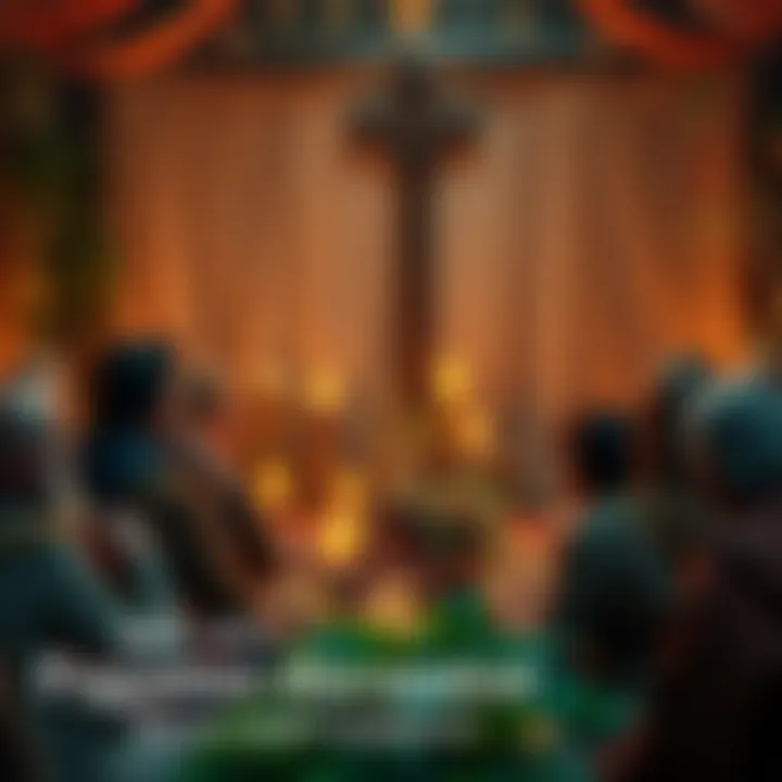 A group of people sharing ideas and connecting during a Pagan discussion event, with symbols of nature and spirituality around them.