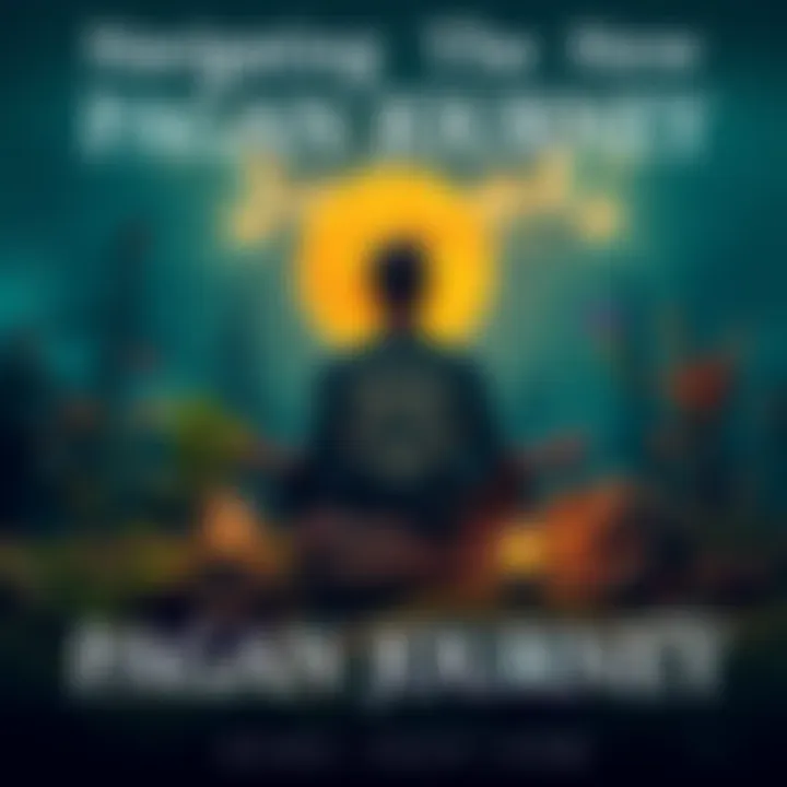 A person meditating in nature surrounded by symbols of Paganism, like a pentacle and herbs, reflecting on their spiritual path.