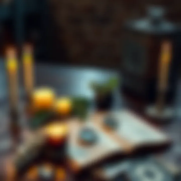 Pagan Ritual Items A table with candles, herbs, and a book for pagan daily devotionals