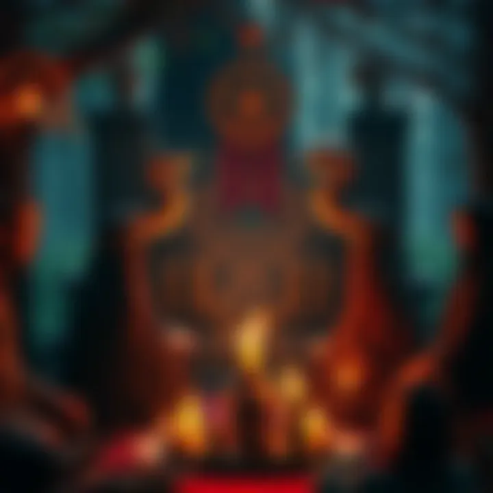 A diverse group of people engaged in a Pagan ceremony, surrounded by nature and symbols of spirituality