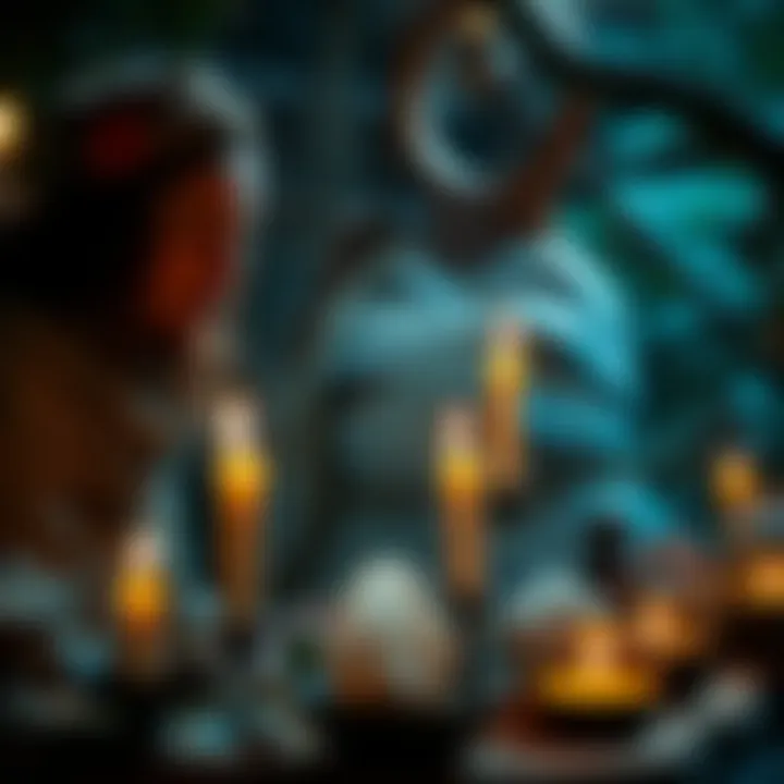 An eclectic pagan performs a ritual with candles, herbs, and crystals, blending science and spirituality in a serene setting.