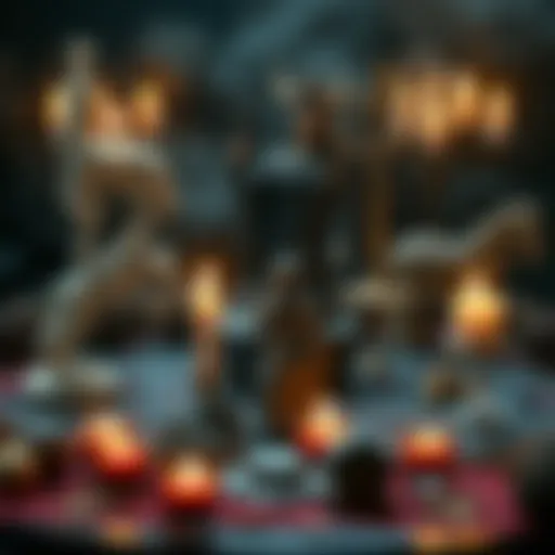 A small altar featuring candles, a statue of The Morrigan, and offerings to Celtic and Hellenic gods