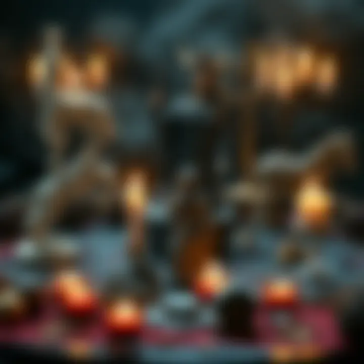 A small altar featuring candles, a statue of The Morrigan, and offerings to Celtic and Hellenic gods