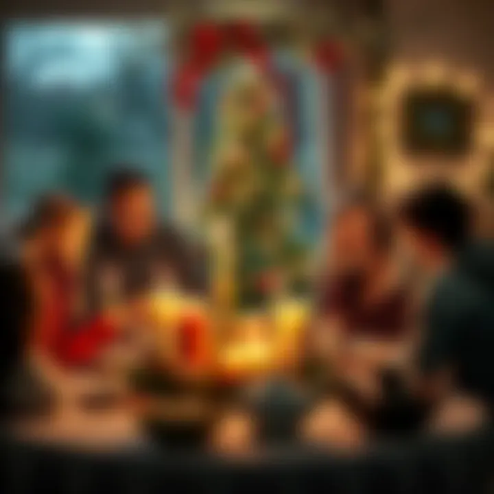 A family gathers around a decorated tree with natural ornaments, candles, and symbols of nature for a festive pagan Christmas celebration.