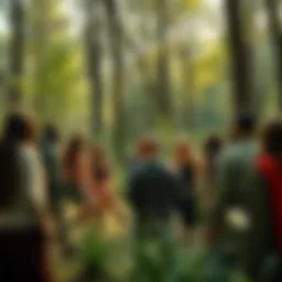 A diverse group of people in a forest, discussing and sharing beliefs about paganism and spirituality, with nature surrounding them.