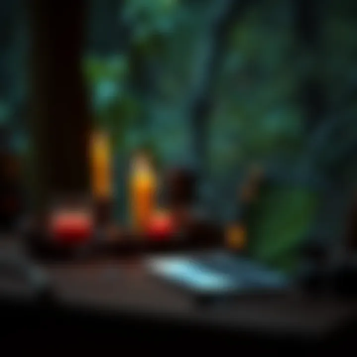 A creative scene where people rewrite famous movie lines with a pagan theme, featuring candles, nature, and a laptop.