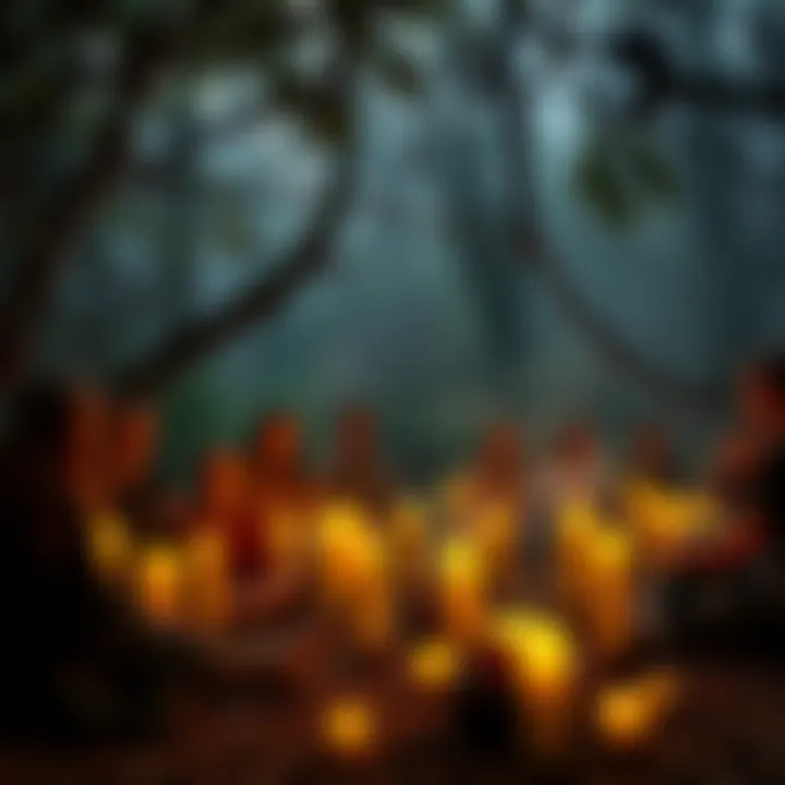 A group of people gathered in nature, surrounded by candles and crystals, engaging in pagan rituals.