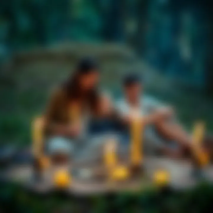 A family engaged in a Pagan ritual outdoors, surrounded by nature, with candles and runes present.