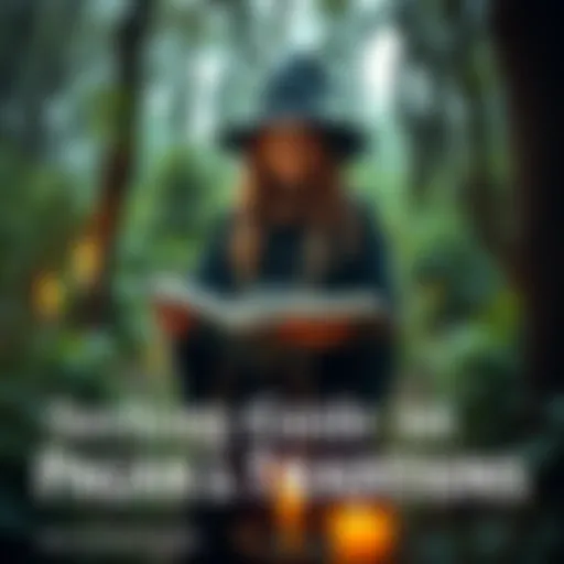 A witch standing in a forest surrounded by herbs and candles, holding a book open to explore pagan traditions.