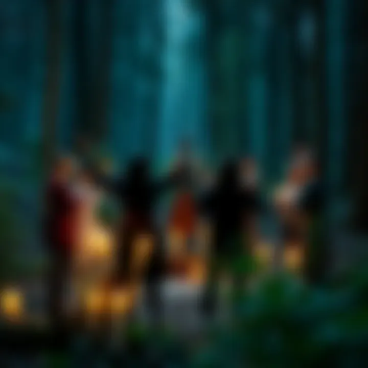 Pagan prayer circle A group of people forming a circle in a forest, raising hands in unison during a prayer ceremony, surrounded by nature and candles.