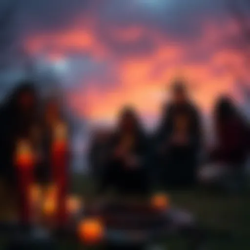 A group of people in nature, engaged in a modern pagan ritual with candles and symbols, contrasting historical practices with contemporary beliefs.